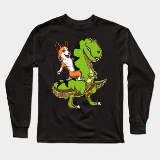 Corgi Dog Riding T-Rex Dinosaur Long Sleeve T-Shirt